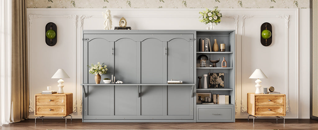 Queen Size Murphy Bed with Height Adjustable Storage Compartments and Shelf, Wall Bed Frame With 1 Drawer, Multifunctional Foldable Platform Bed for Small Space,Bedroom,Guest Room, Gray