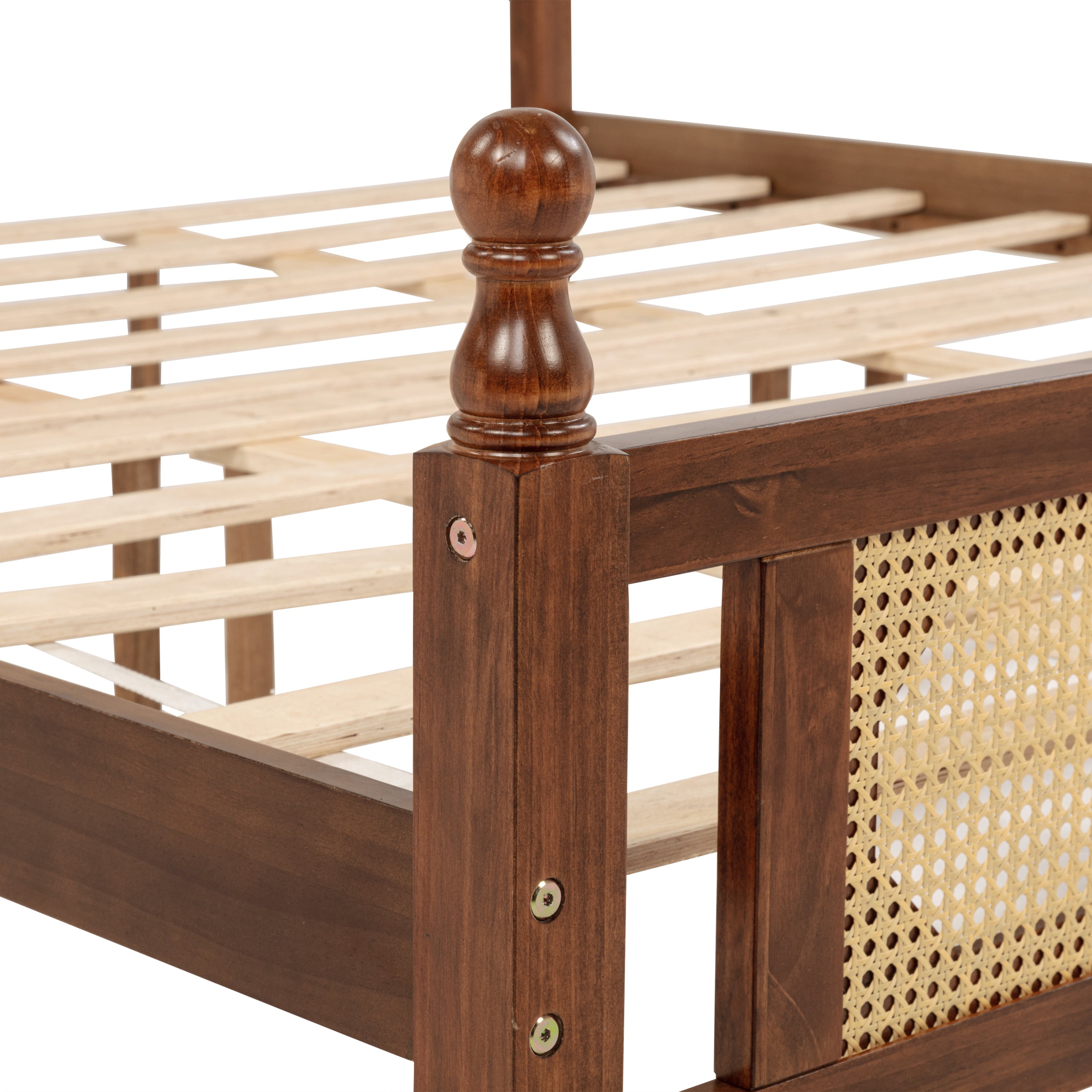 King Pine wooden Bed with Rattan Headboard  and Footboard, with  Central Enhanced Bed Platform,Walnut
