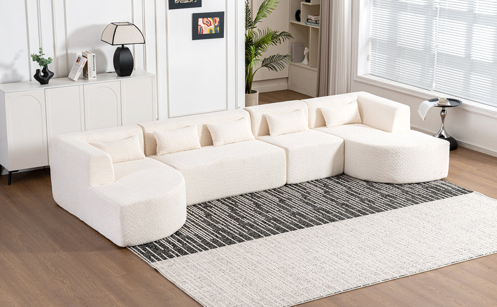 144' Upholstered Sofa Free-combined Sofa Couch with Two Chaise Lounge and Five Back Pillows for Living Room(Old SKU: N719S001600A), Beige