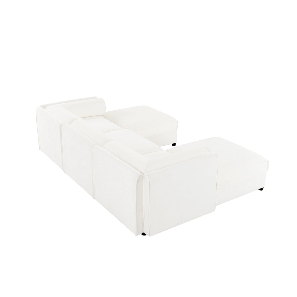 Elegant White Chenille  Sofa with Storage Seat and Ottoman, U-Shaped 3-Seater Cylindrical Backrest and Armrests, Contemporary 3-Seater Fabric Couch with Hidden Storage Compartment