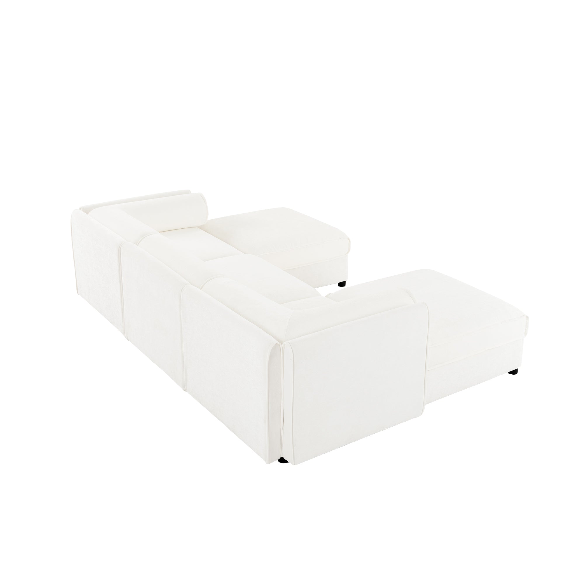 Elegant White Chenille  Sofa with Storage Seat and Ottoman, U-Shaped 3-Seater Cylindrical Backrest and Armrests, Contemporary 3-Seater Fabric Couch with Hidden Storage Compartment