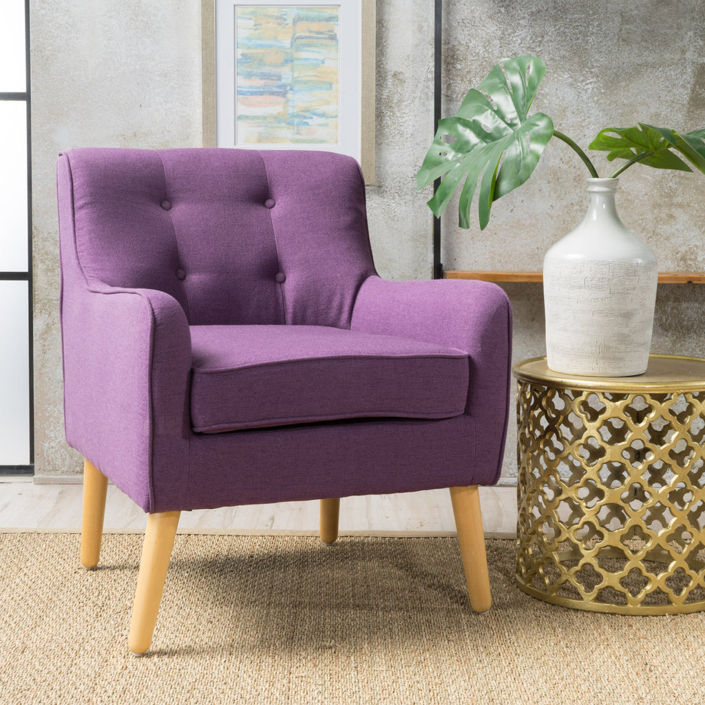 Mid-Century Modern Arm Chair with Tufted Back in Purple Fabric and Birch Wood Legs
