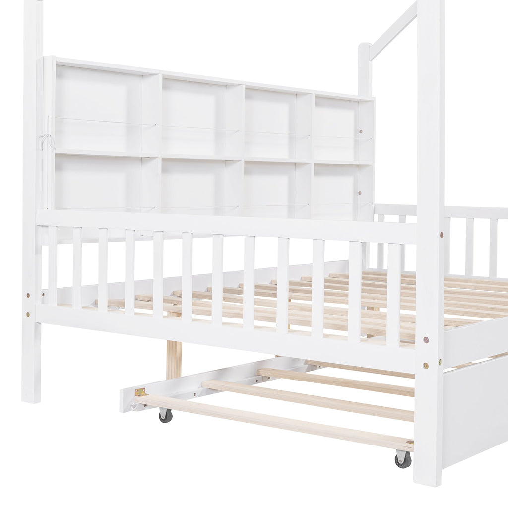 Wooden Full Size House Bed with Trundle,Kids Bed with Shelf, White (Old SKU: WF297070AAK)