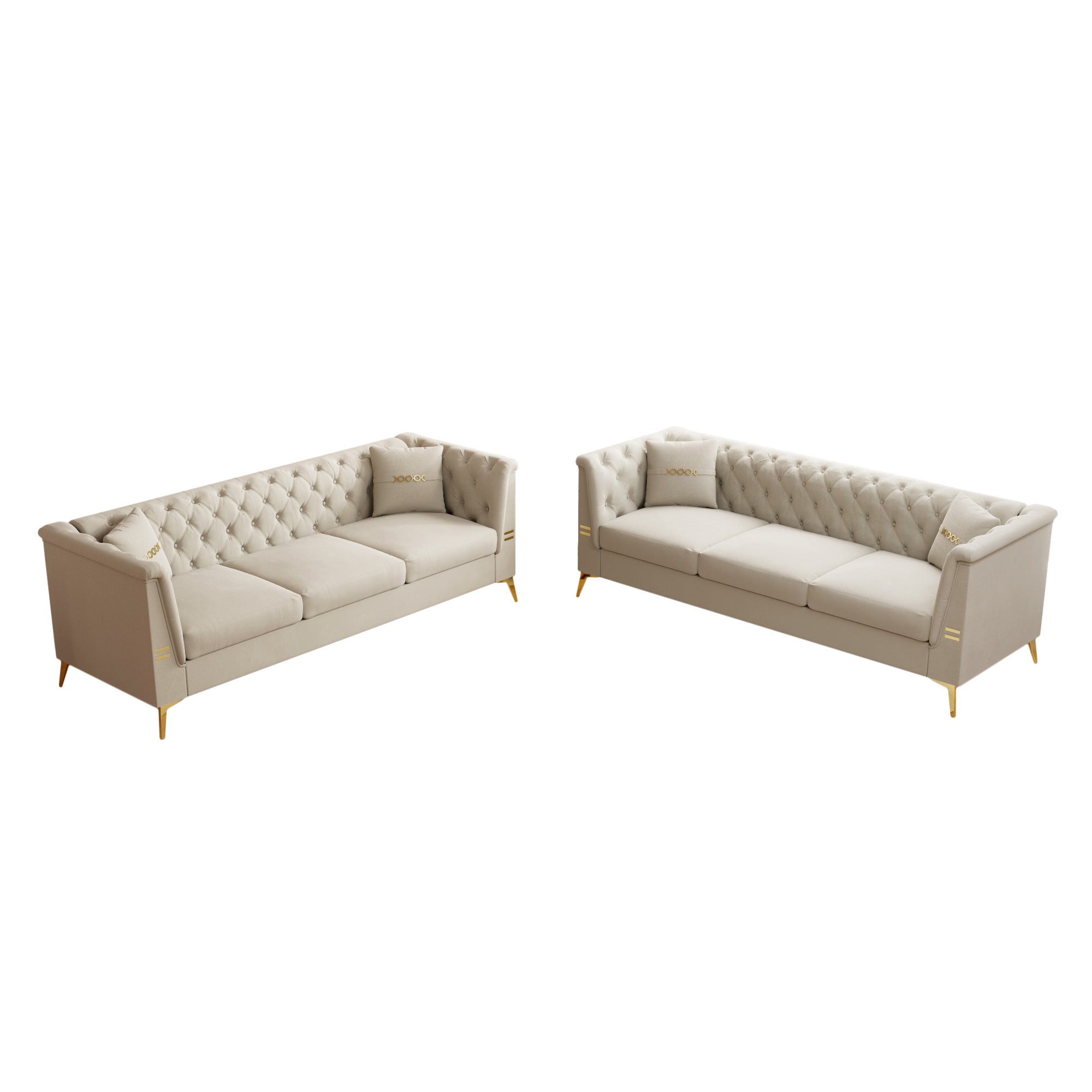 FX-P83-2PC SOFA -CW4  Modern Velvet Upholstered Sofa Set of 2, Cream White 3-Seater Sofas with Gold Metal Legs Contemporary Living Room Furniture for Family Homes, Apartments, and Lounge Spaces