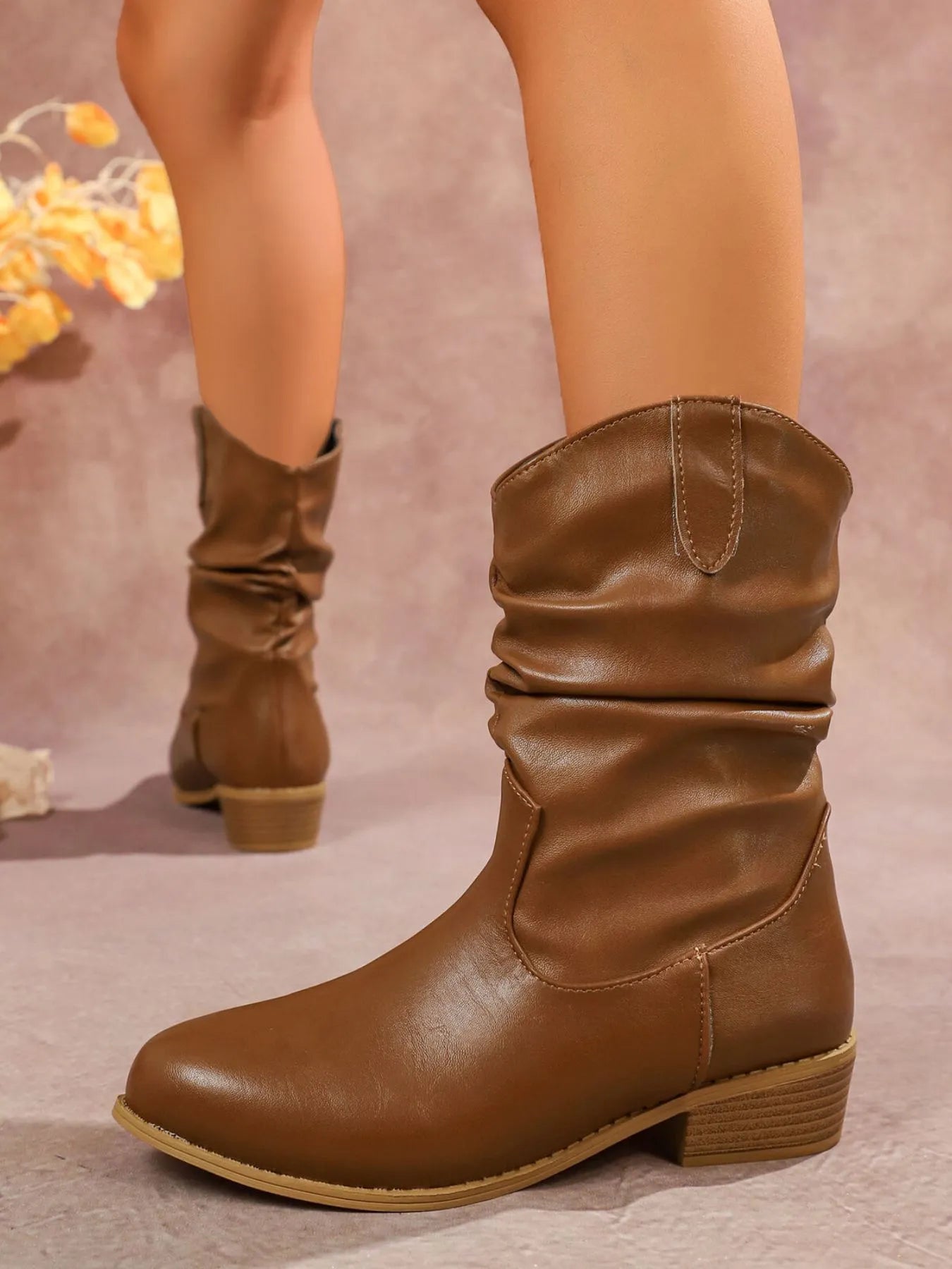 Mid-Calf Western Boots with Block Heels
