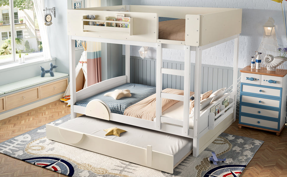 Full Bunk Bed with Trundle , Wood Bunk Bed Frame with Built-in Bookshelf and High-quality Safety Guardrail,Automobile Form Design for Kids ,White＆ Beige.