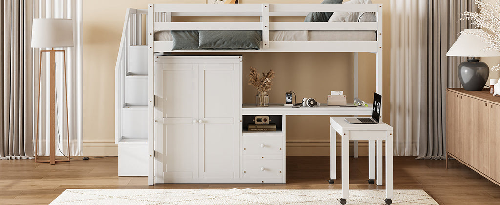 Full Size Loft Bed with Stairs, Bookshelf, Drawers, Desk & Wardrobe – Space-Saving Multifunctional Furniture for Kids & Teens-White