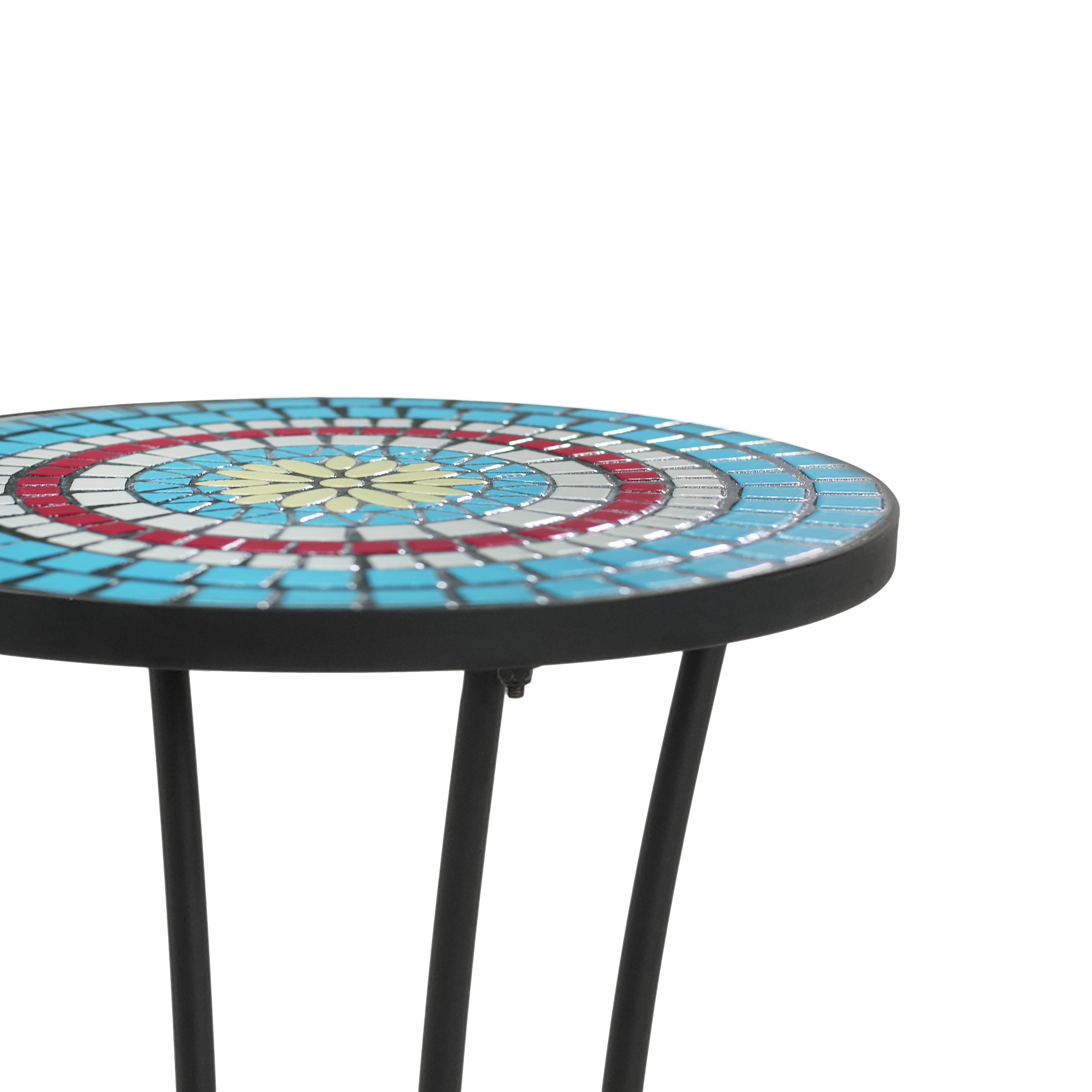 Vibrant Patio Side Table with Shelf, Floral Design, Blue and Black Ceramic Tile, 14-Inch