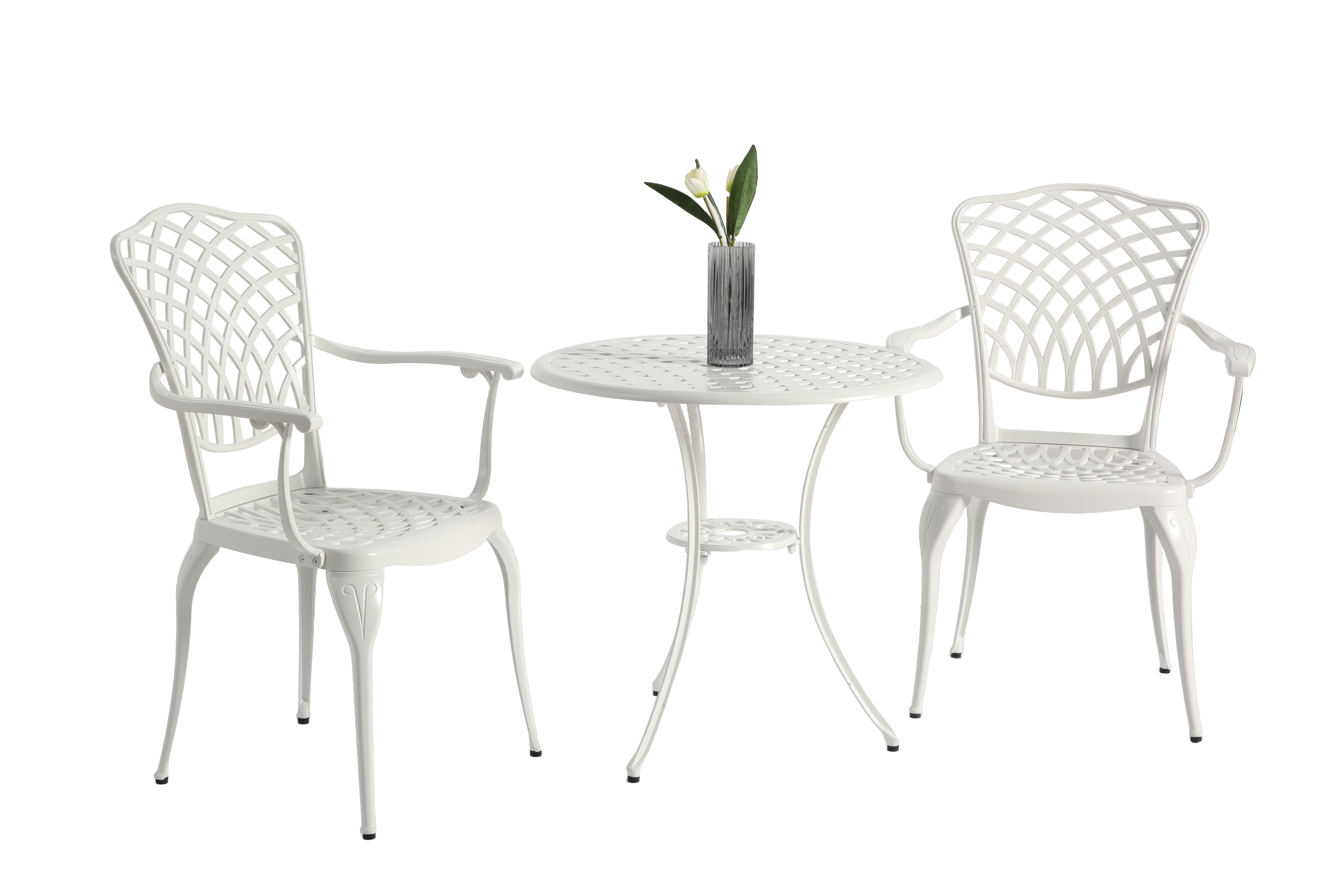 3 Piece Patio Bistro Set Cast Aluminum Bistro Table and Chairs Set of 2 with Umbrella Hole,All Weather Metal Bistro Table Set,Outdoor Patio Furniture Set for Garden White