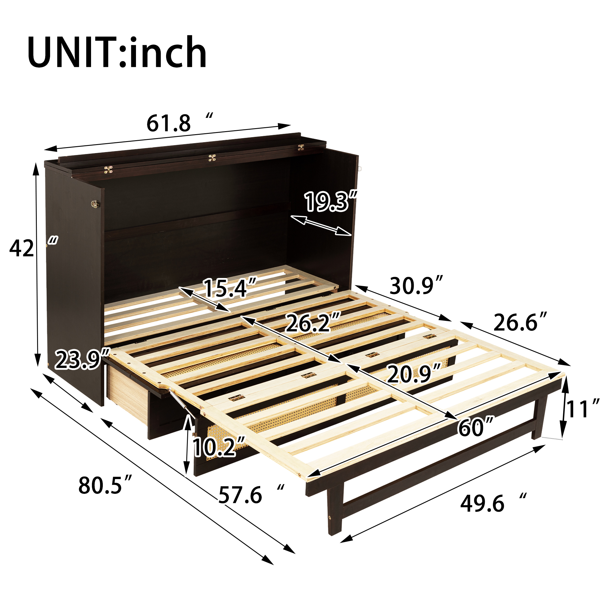 Queen Size Murphy Bed, Pine Wood Cabinet Bed with Rattan Decoration and Storage Drawer,Espresso