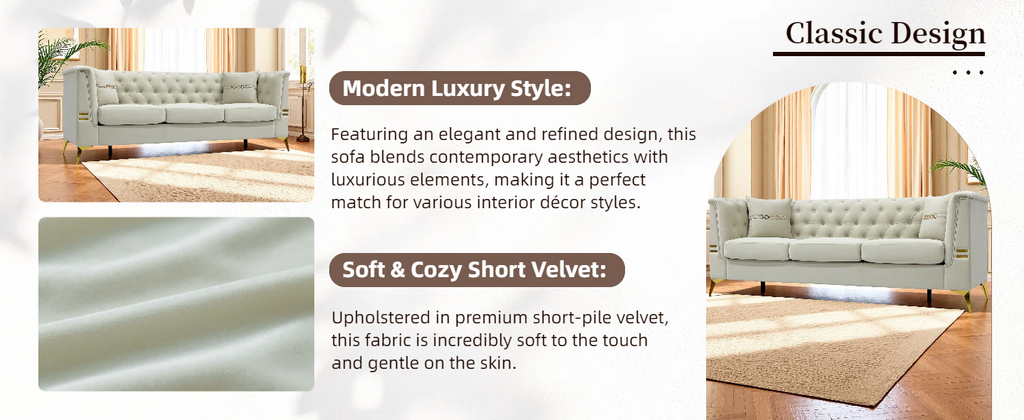 FX-P83-2PC SOFA -CW4  Modern Velvet Upholstered Sofa Set of 2, Cream White 3-Seater Sofas with Gold Metal Legs Contemporary Living Room Furniture for Family Homes, Apartments, and Lounge Spaces