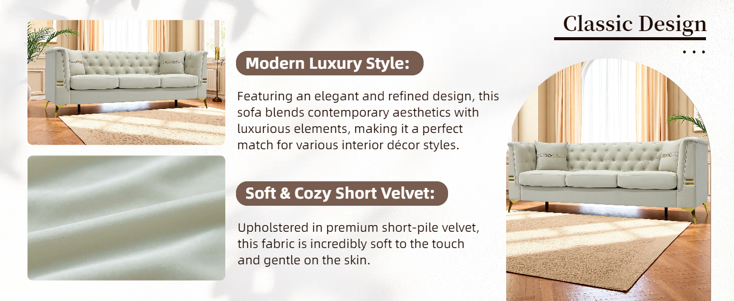 FX-P83-2PC SOFA -CW4  Modern Velvet Upholstered Sofa Set of 2, Cream White 3-Seater Sofas with Gold Metal Legs Contemporary Living Room Furniture for Family Homes, Apartments, and Lounge Spaces