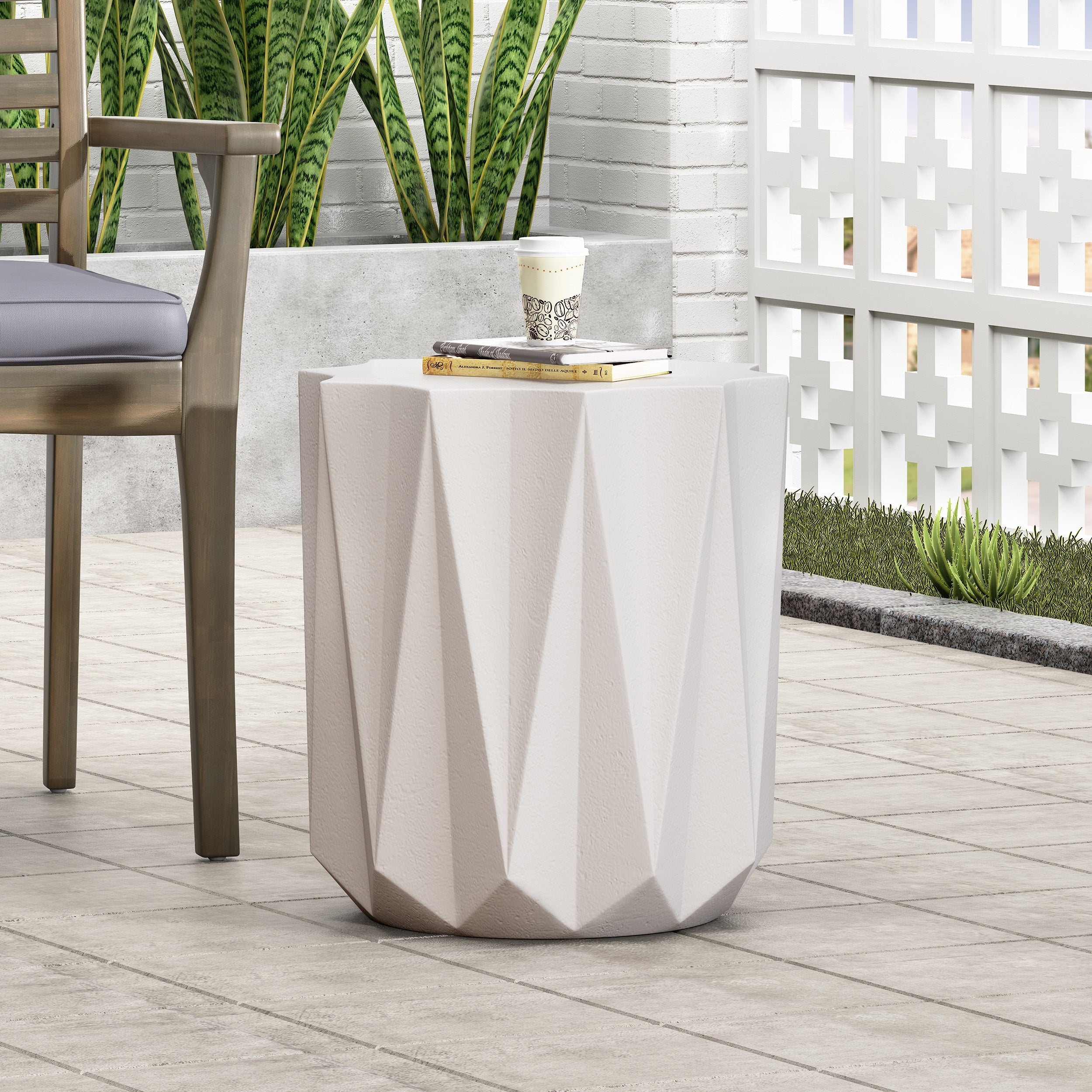 Modern Outdoor Lightweight Concrete Side Table with Geometric Design in Antique White