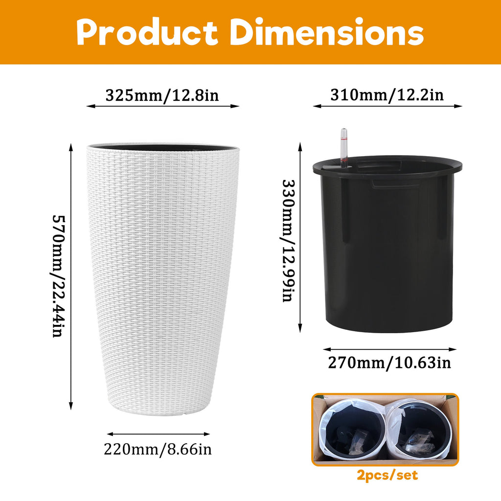 Faux Rattan Tall Planters Set with Water Level Monitor and Automatic Watering, White, Polypropylene, 22 Inch