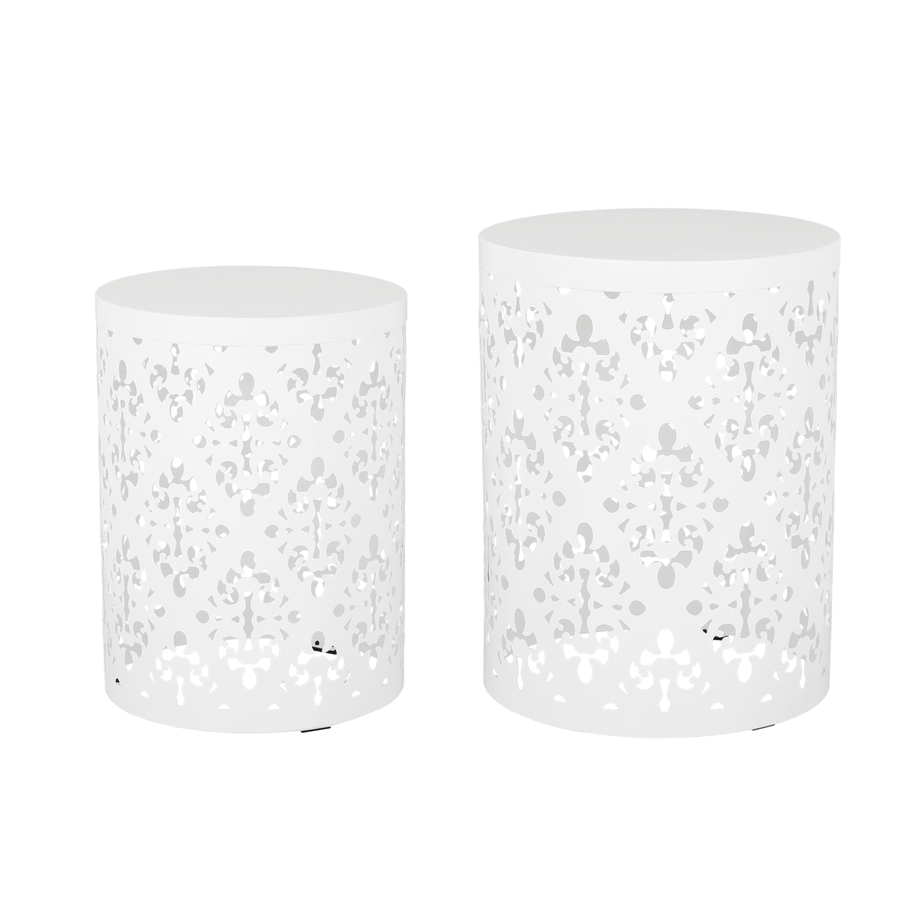 Modern Iron-Cut Design Metal End Table Set of 2 in White