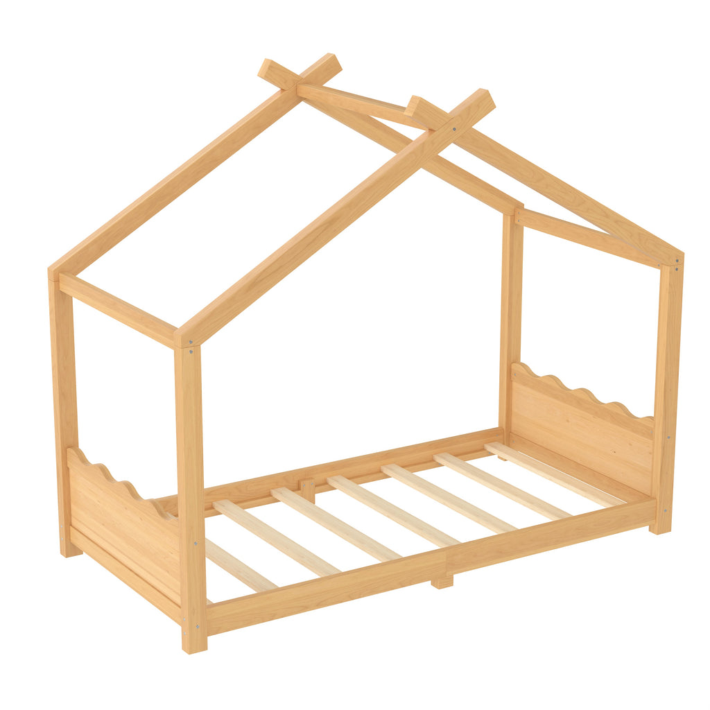 Twin House Floor Bed with Support Slats, Solid Wood House Bed Frame for Kids, No Box Spring Needed and Opening Constructure, Natural