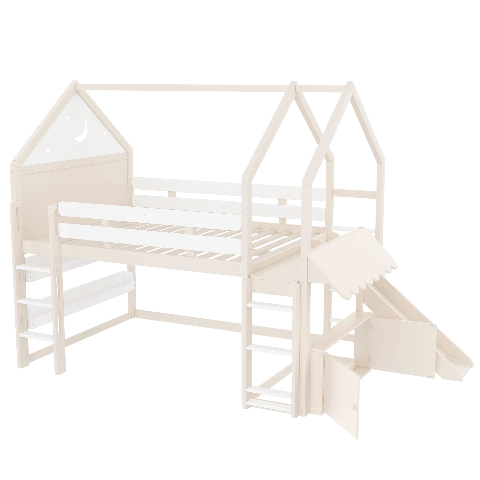 Full Size Loft Bed with Bookshelf Playful Design for Kids House-Shaped Structure with Slide High-Quality Safety Rails,Beige
