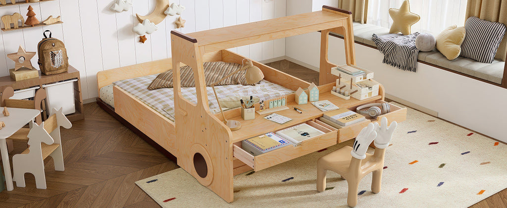 Full Size Floor Bed with Interesting Car-shape Design, Kids Car Floor Bed with Storage Drawers, Window, and Desk, Childlike Design, Natural