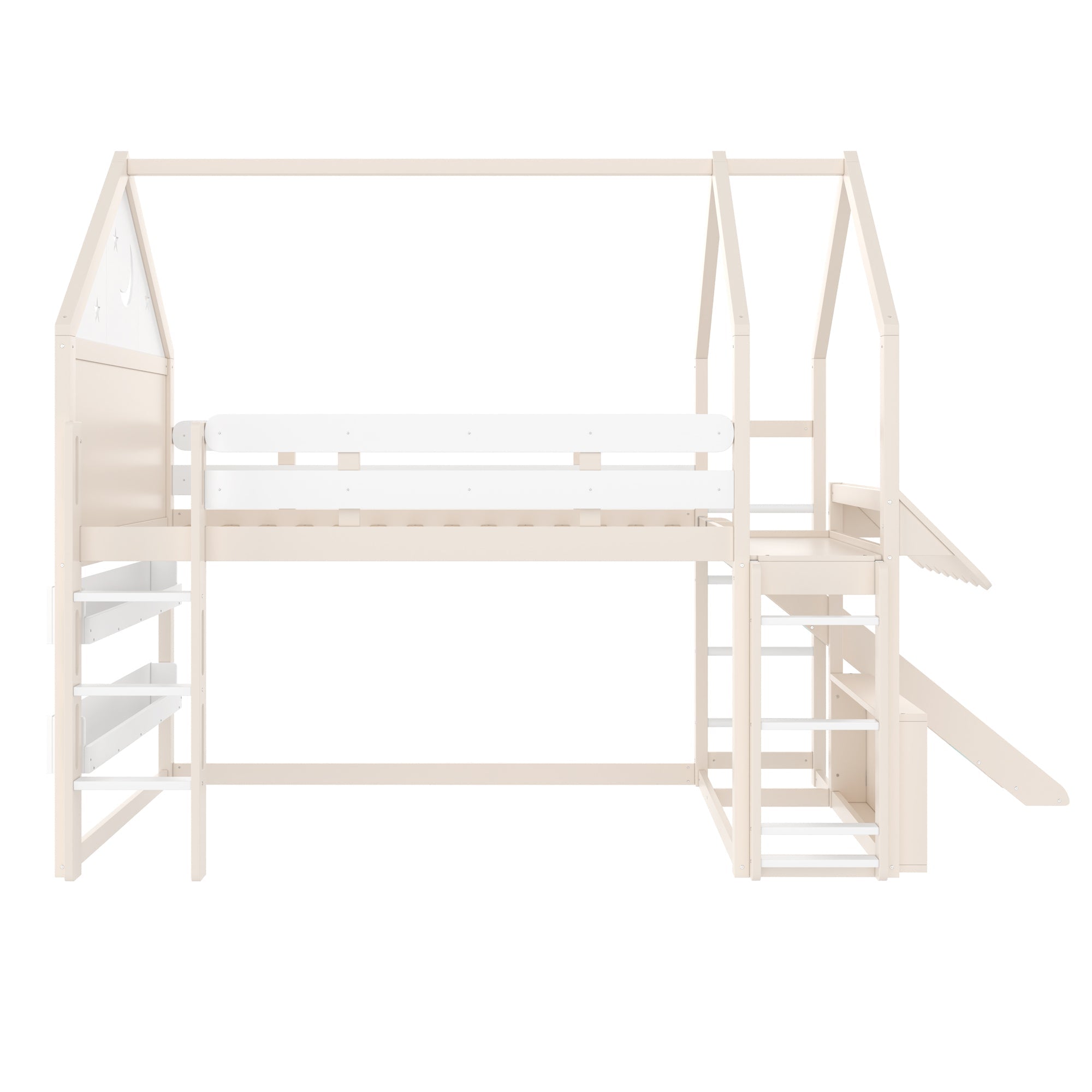 Full Size Loft Bed with Bookshelf Playful Design for Kids House-Shaped Structure with Slide High-Quality Safety Rails,Beige
