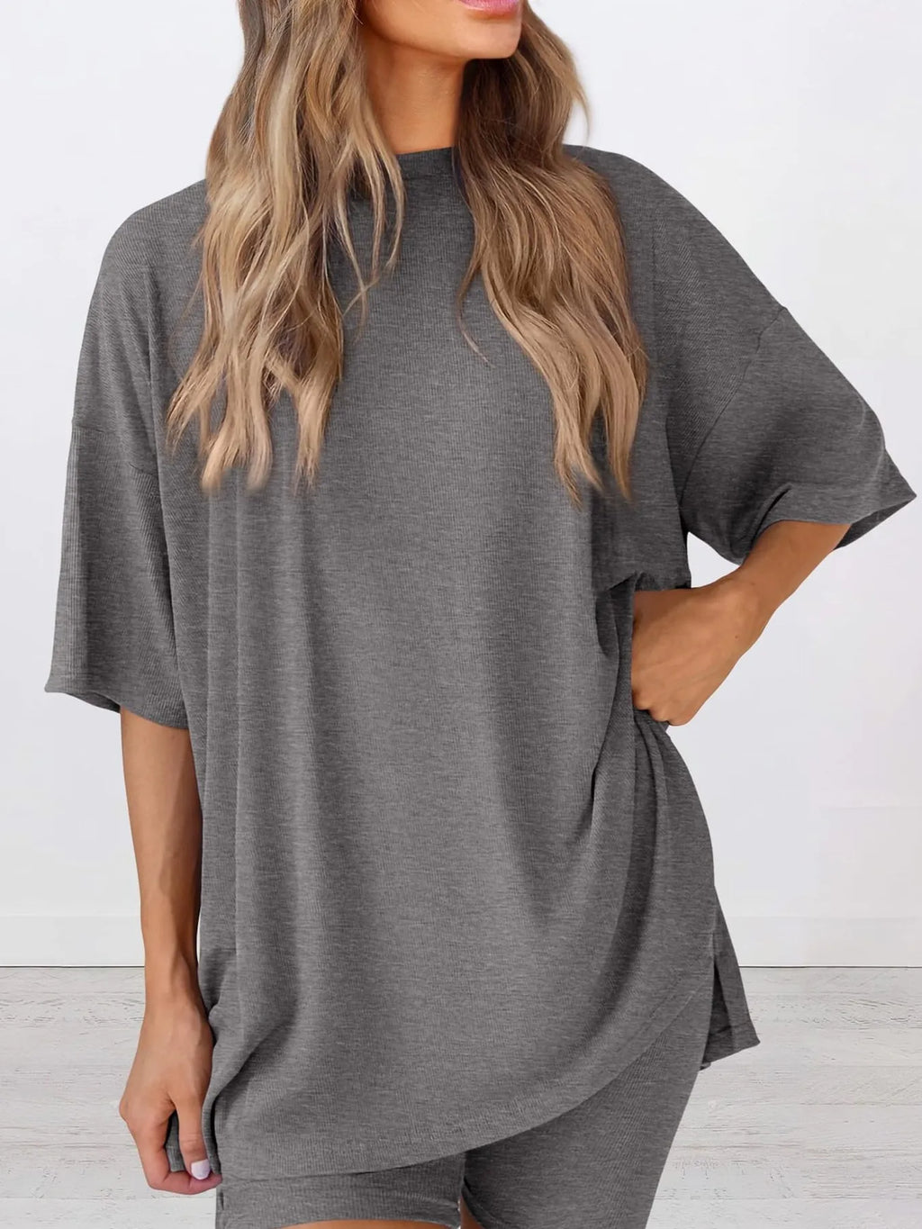 Oversized Slit Round Neck Top and Shorts Lounge Set Plus Size