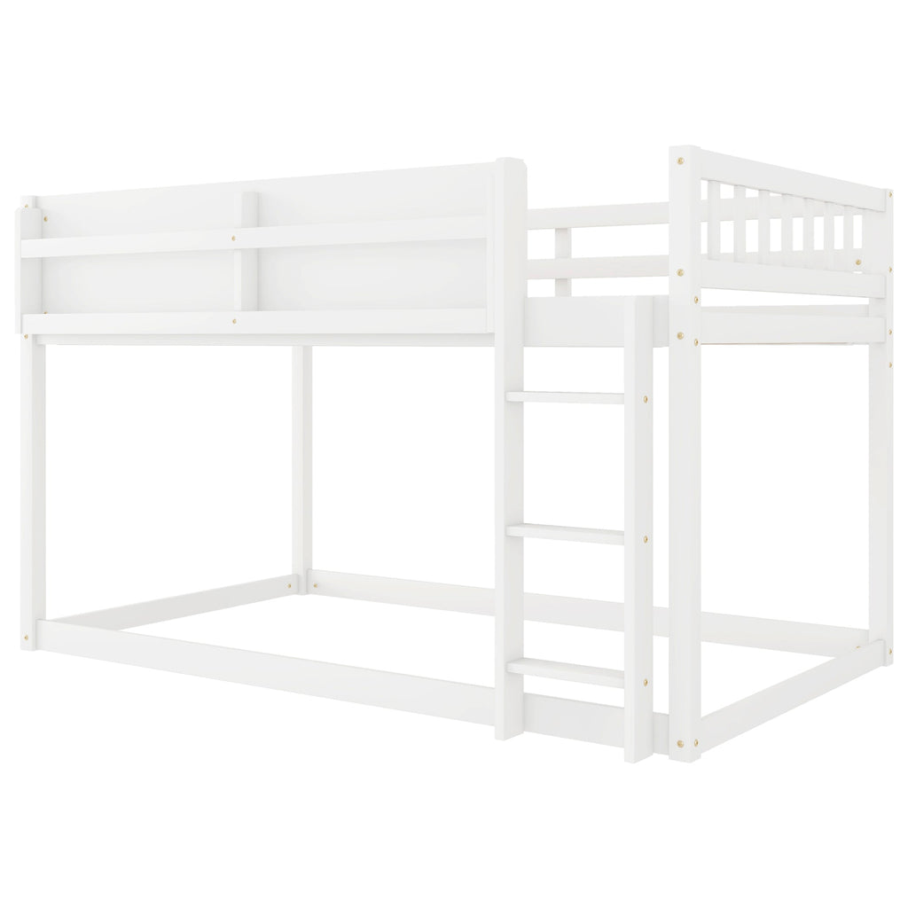 Low Twin Over Twin Bunk Bed, Floor Bunk Bed with Ladder, Solid Wood Twin Bunk Bed for Kids & Juniors, White(Expect Arrival Date 2025/11/25)