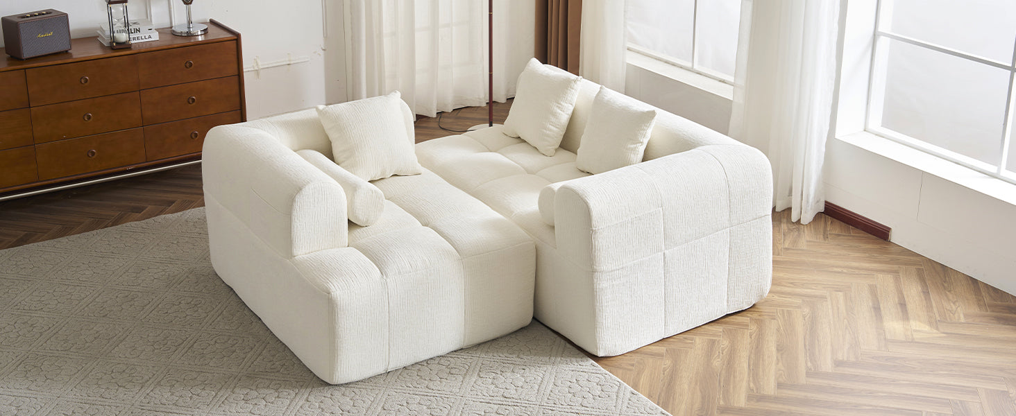 Modern Beige Modular Sectional Sofa with Deep Seating and Side Pockets, Chenille Upholstery, 101.2'