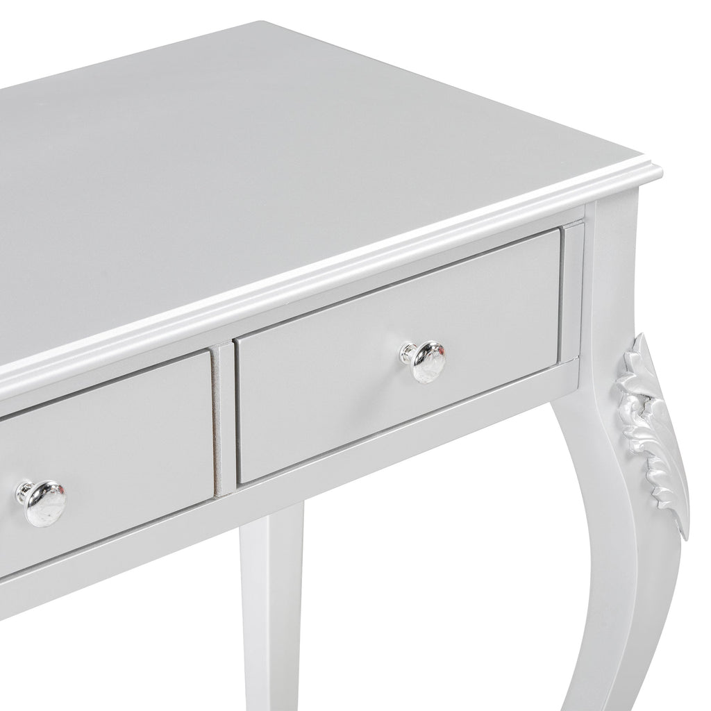 Luxury Makeup Vanity Desk with Oval Mirror, 3-Drawer Dressing Table for Jewelry Storage, Elegant Console Table for Entryway, Living Room & Bedroom, Stylish Home Decor,Silver