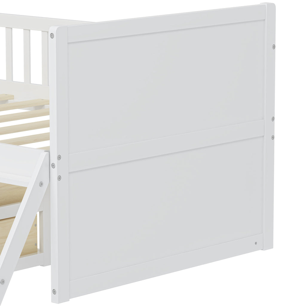 Twin Bed Frame with Storage 4 Drawers,Wooden Bed Frame for Kids,Platform Twin Size Bed with Guardrail Headboard and Ladder, No Box Spring Needed, Easy Assembly, White