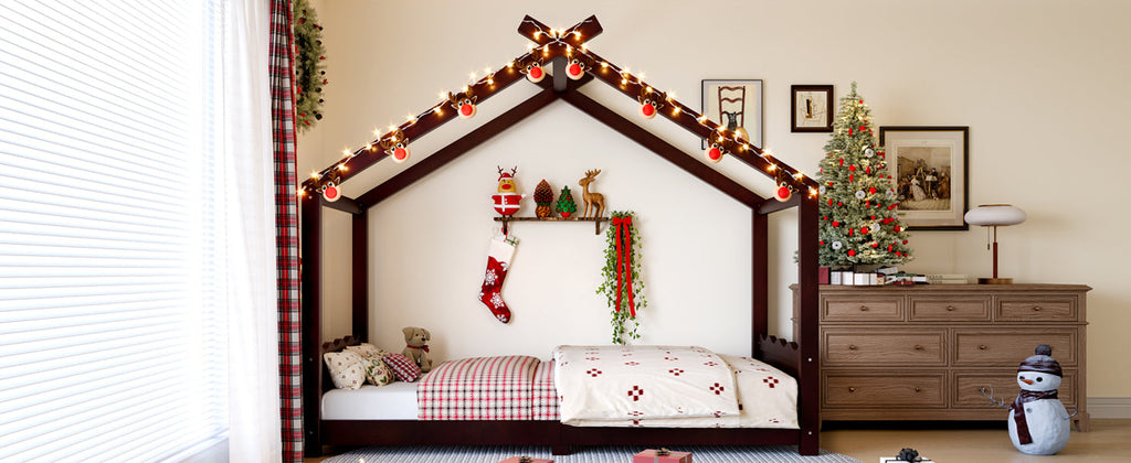 Twin House Floor Bed with Support Slats, Solid Wood House Bed Frame for Kids, No Box Spring Needed and Opening Constructure, Espresso