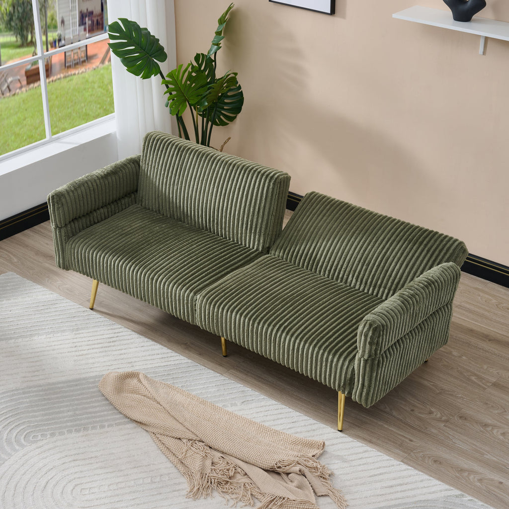 Modern Corduroy Sofa Bed, Foldable Double Sofa with Armrests, Green Velvet, 79 Inch