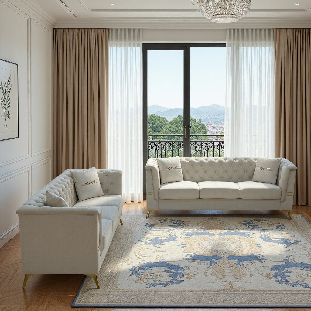 FX-P83-2PC SOFA -CW4  Modern Velvet Upholstered Sofa Set of 2, Cream White 3-Seater Sofas with Gold Metal Legs Contemporary Living Room Furniture for Family Homes, Apartments, and Lounge Spaces