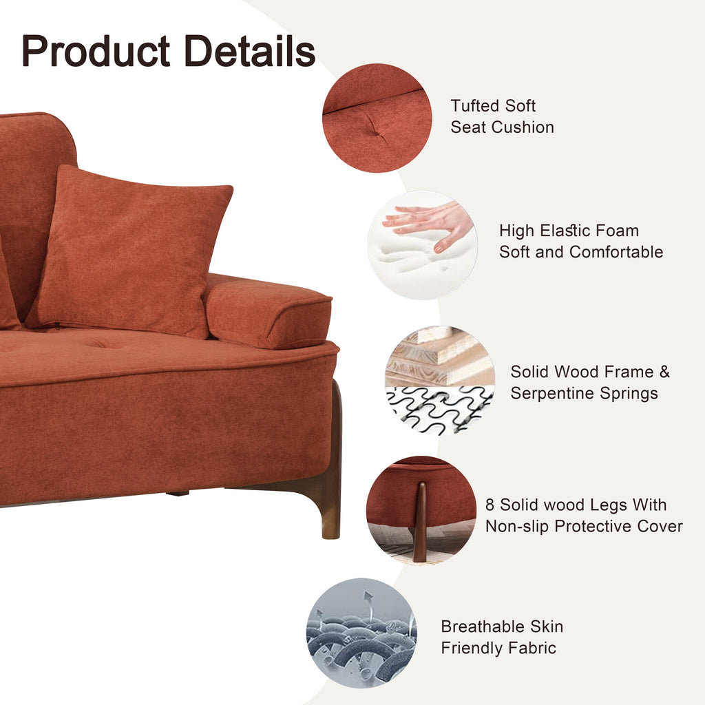 Comfortable Deep Seated Sofa with Pillows for Bedroom, Living Room, Office in Brick Red Velvet