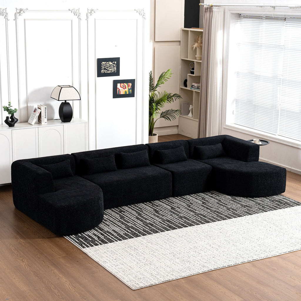144' Upholstered Sofa Free-combined Sofa Couch with Two Chaise Lounge and Five Back Pillows for Living Room(Old SKU: N719S001600B), Black
