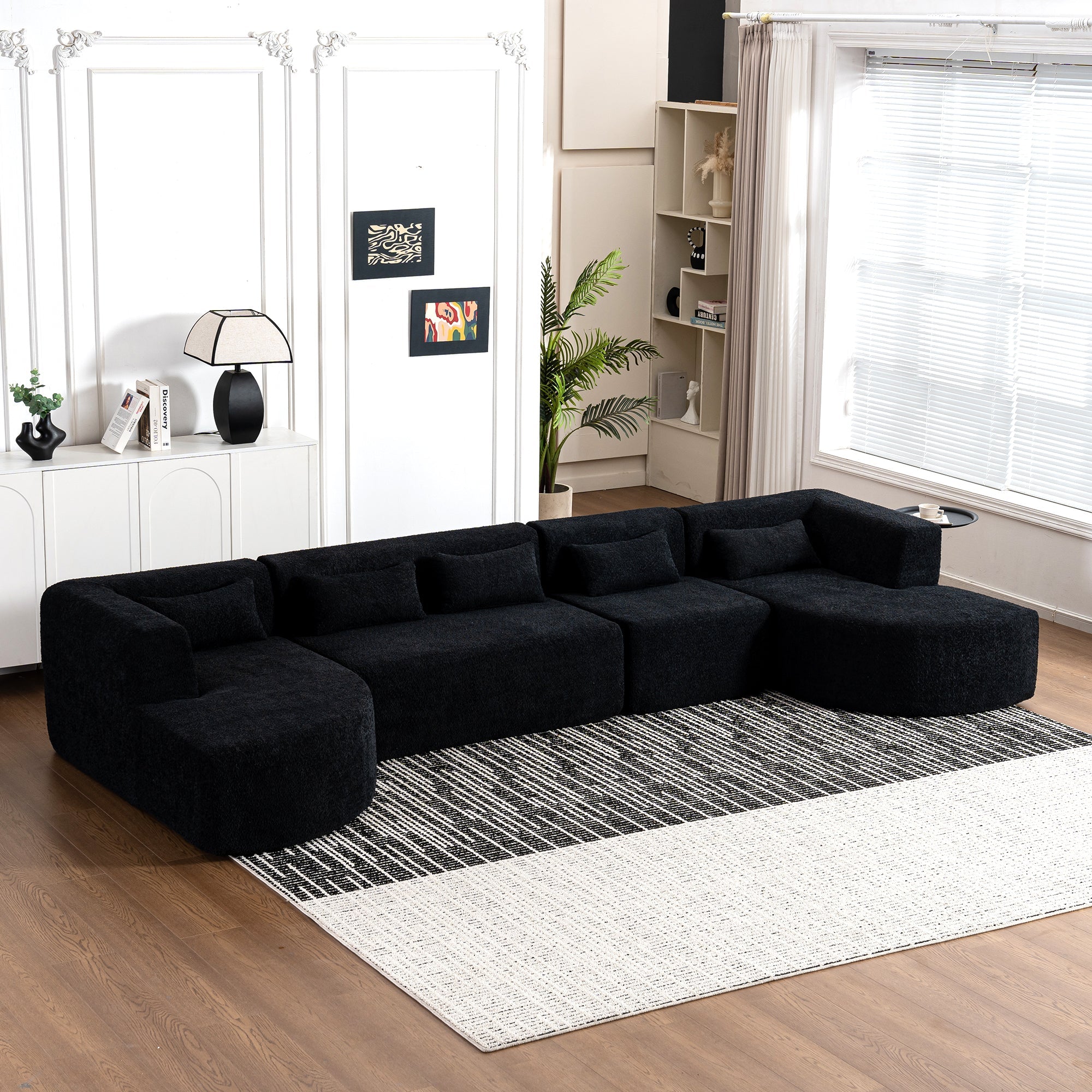 144' Upholstered Sofa Free-combined Sofa Couch with Two Chaise Lounge and Five Back Pillows for Living Room(Old SKU: N719S001600B), Black