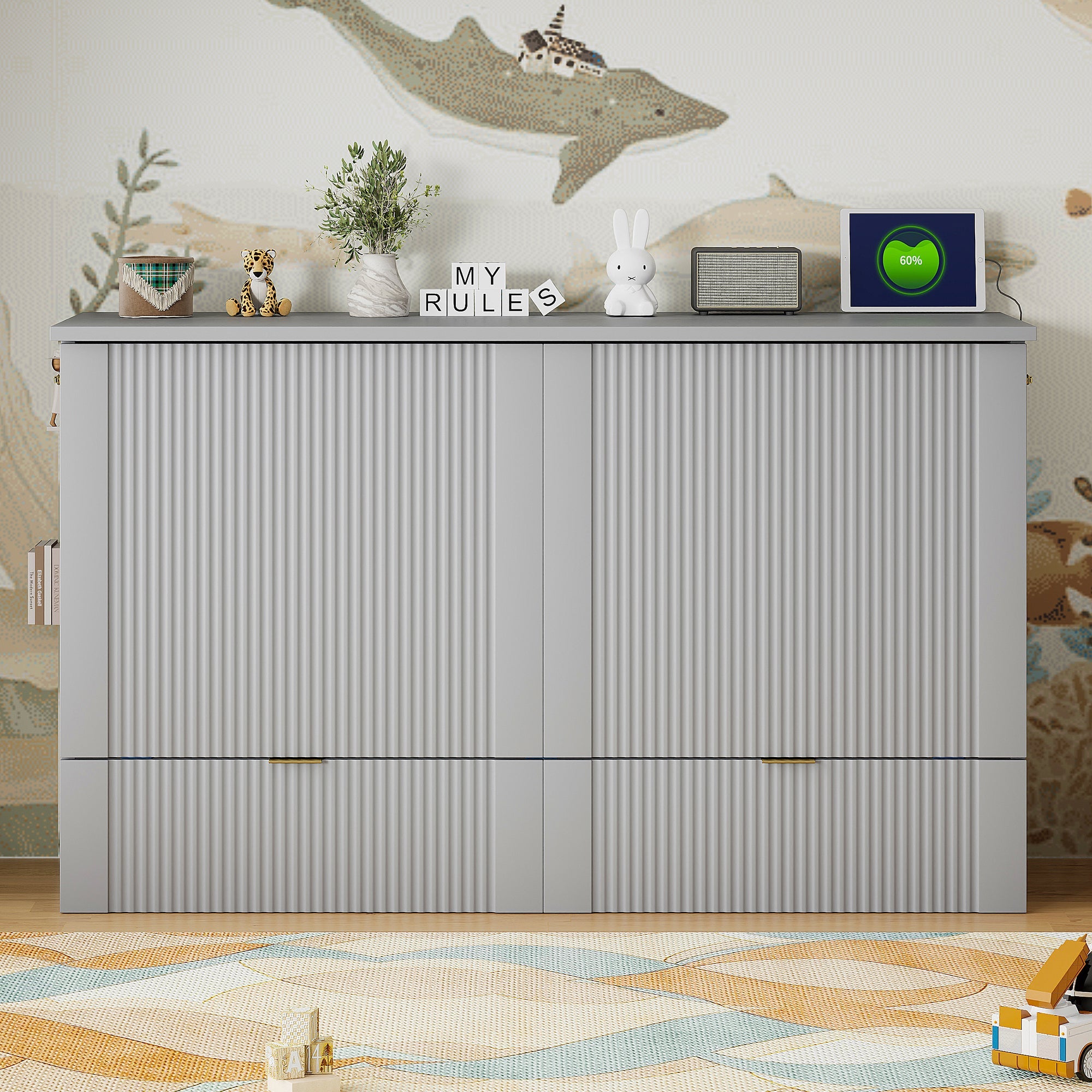 Queen Size Murphy  Bed with drawer and a set of Sockets & USB Ports, Pulley Structure Design, Gray