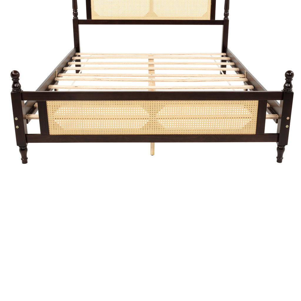 Queen Pine wooden Bed with Rattan Headboard  and Footboard, with  Central Enhanced Bed Platform ,Espresso