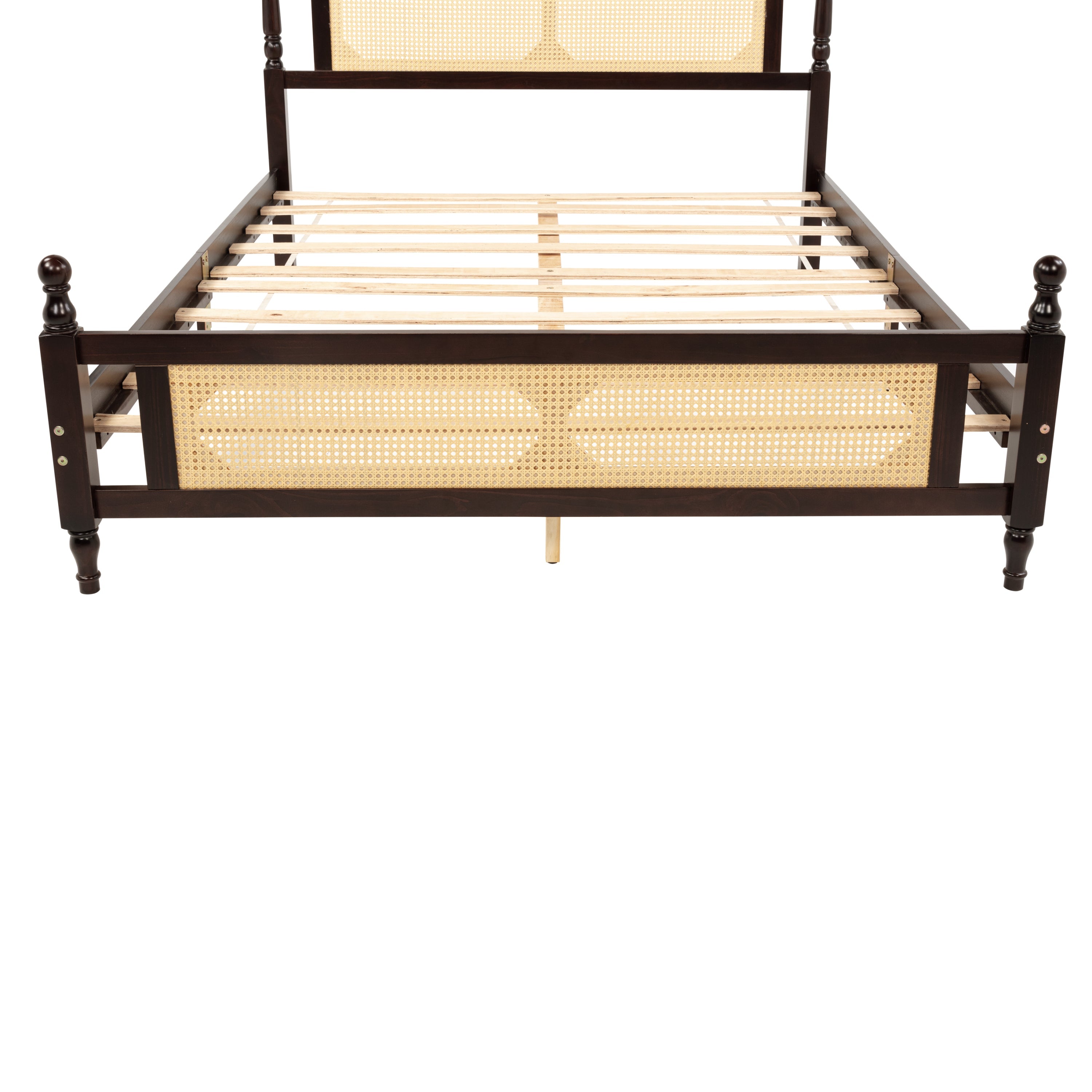 Queen Pine wooden Bed with Rattan Headboard  and Footboard, with  Central Enhanced Bed Platform ,Espresso