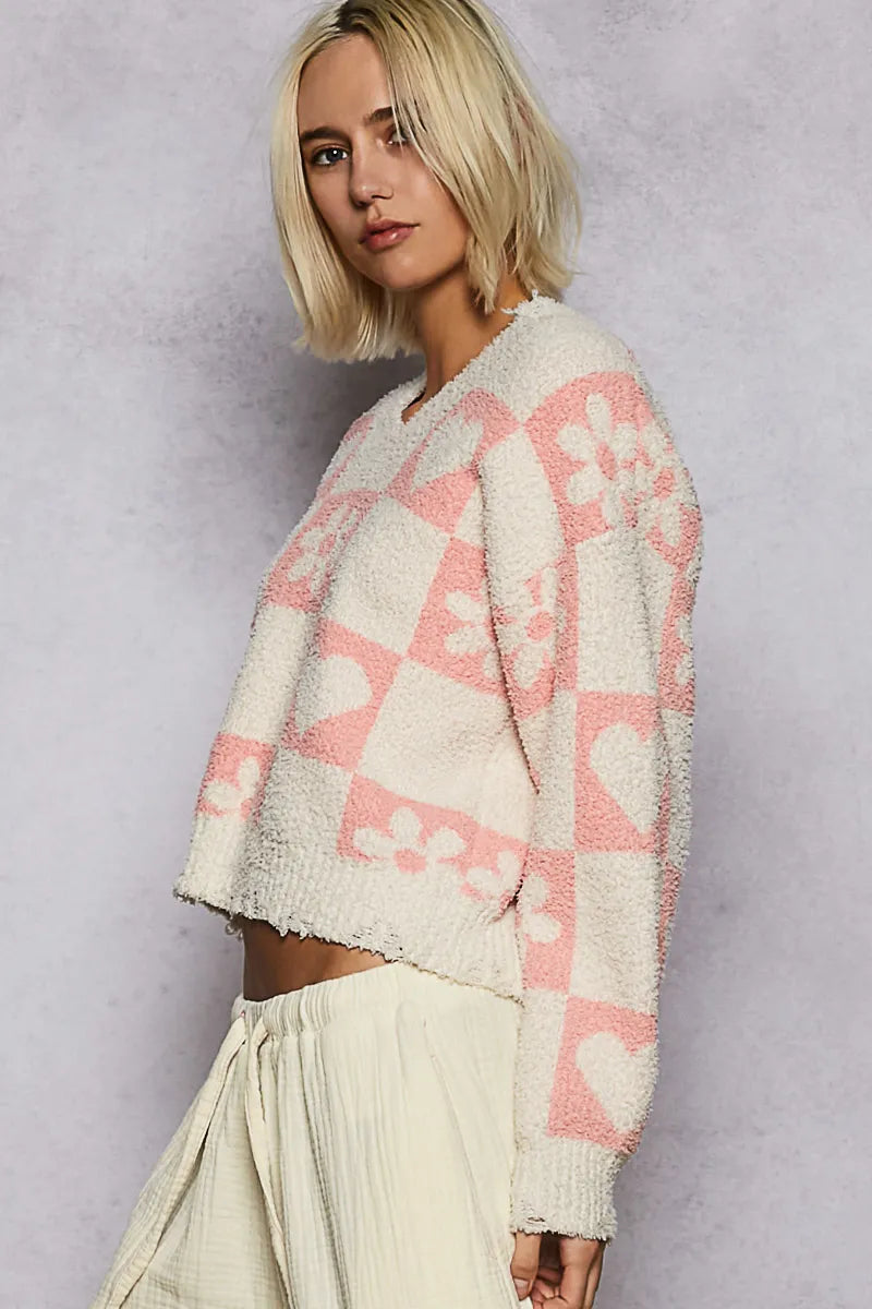 POL V-Neck Heart Pattern Checkered Sweater