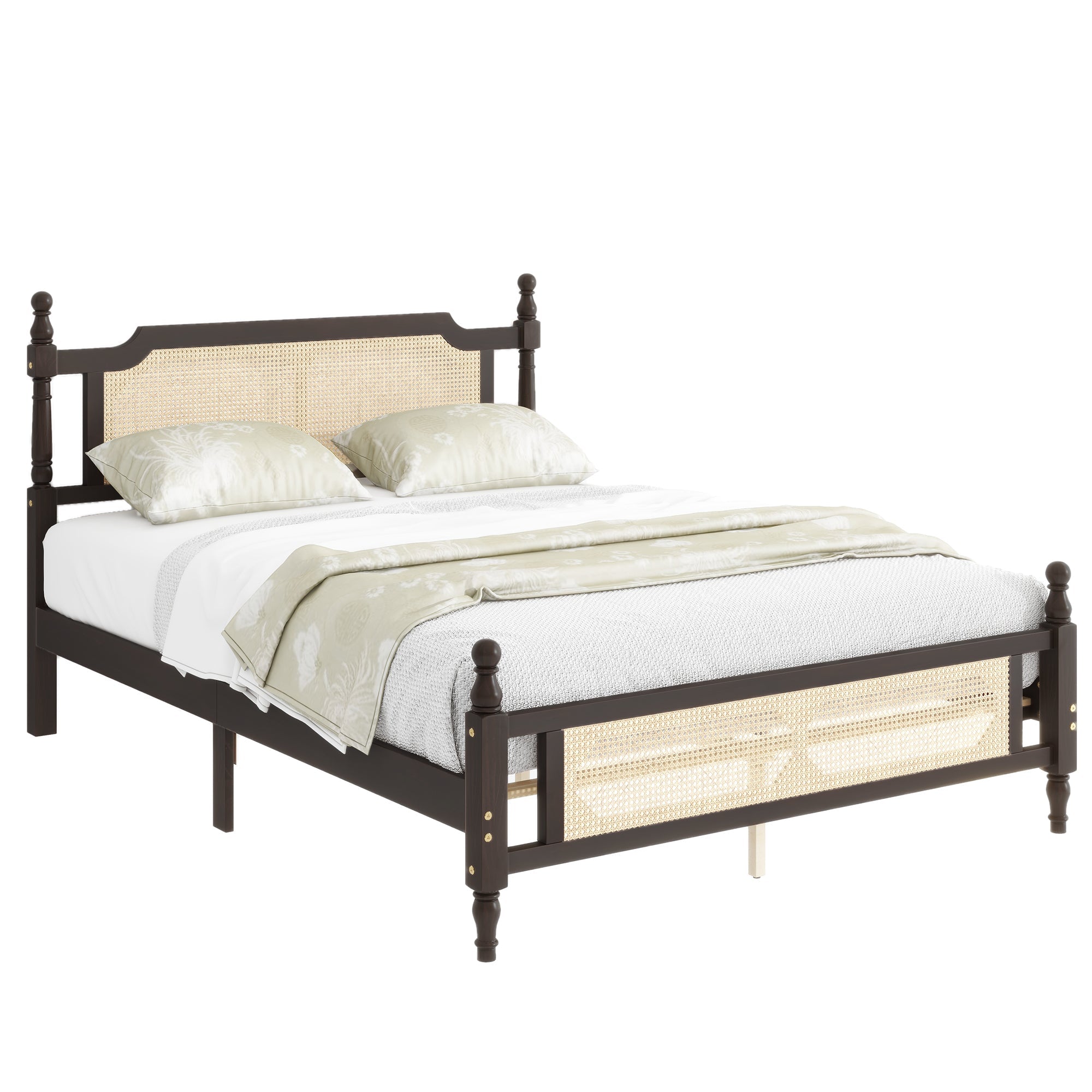 Queen Pine wooden Bed with Rattan Headboard  and Footboard, with  Central Enhanced Bed Platform ,Espresso
