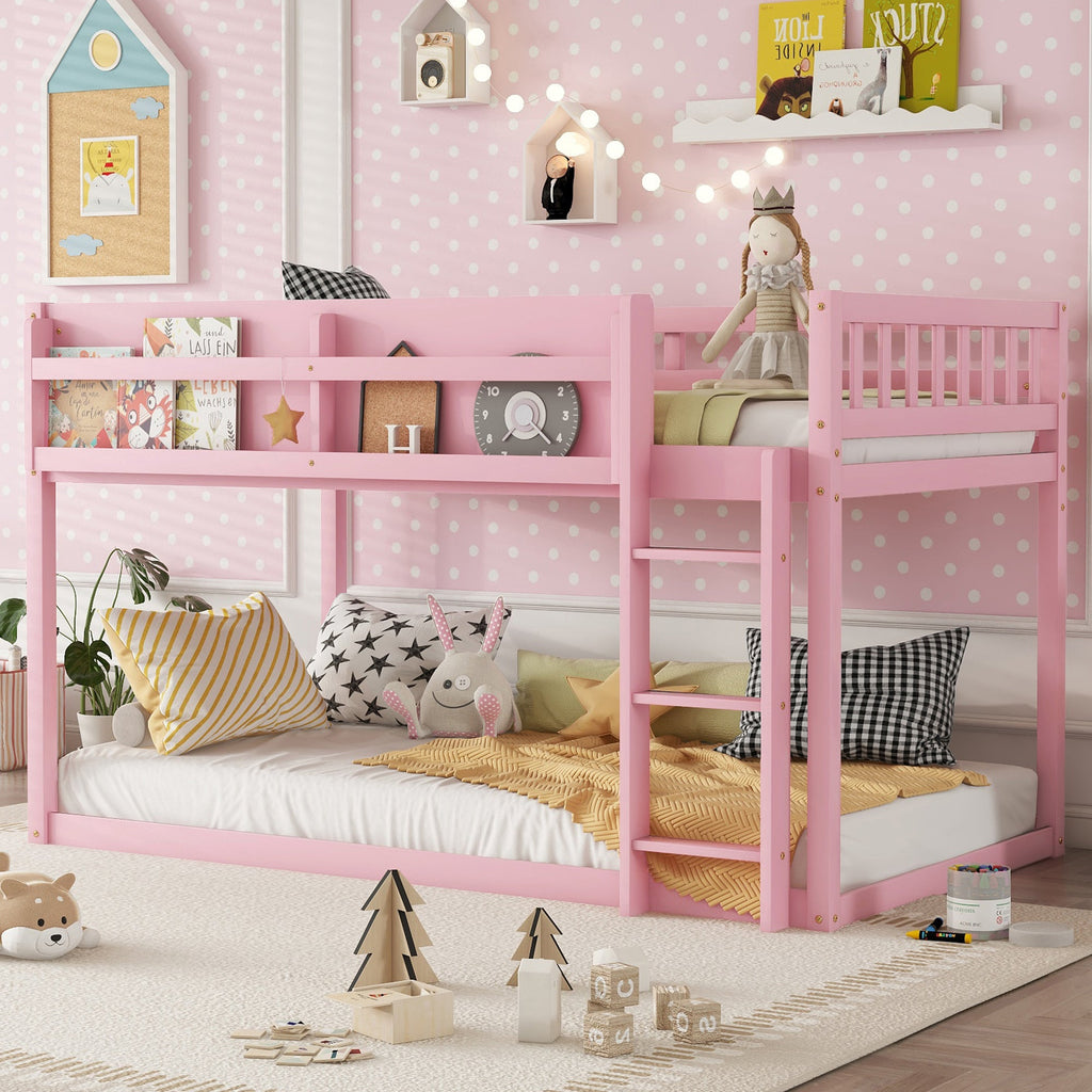 Low Twin Over Twin Bunk Bed, Floor Bunk Bed with Ladder, Solid Wood Twin Bunk Bed for Kids & Juniors, Pink(Expect Arrival Date 2025/11/25)