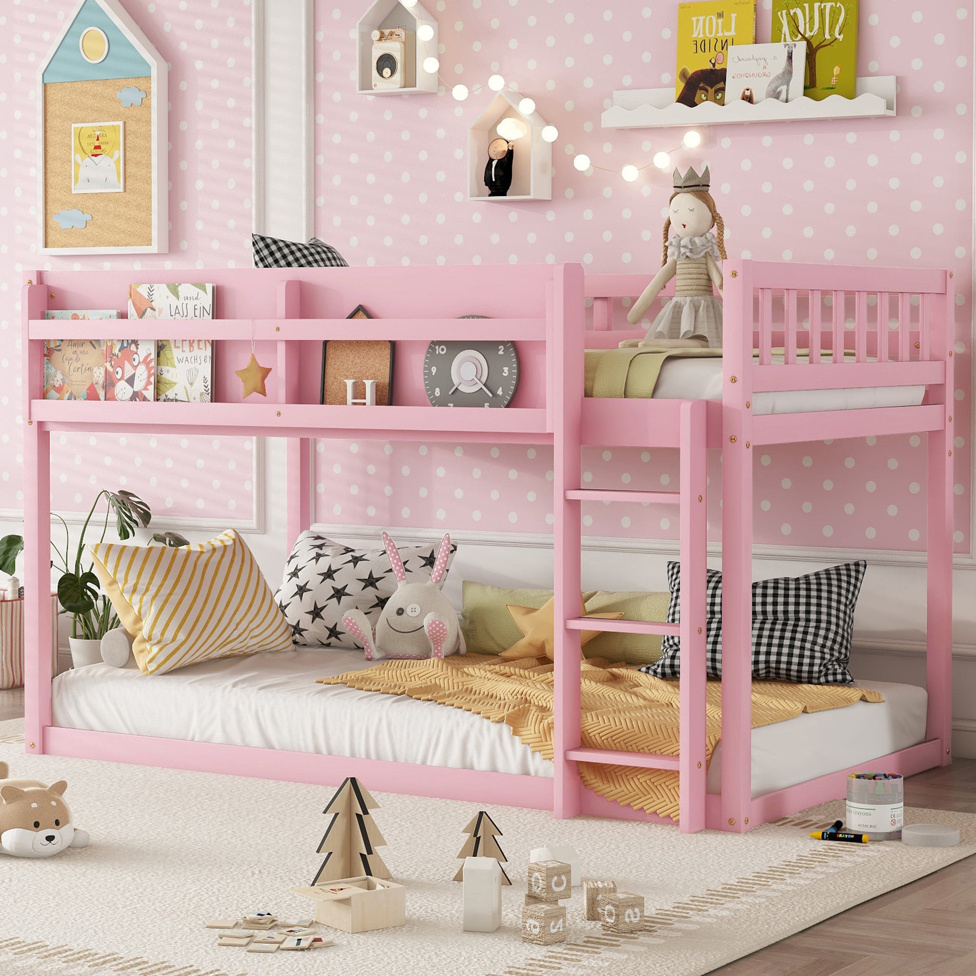 Low Twin Over Twin Bunk Bed, Floor Bunk Bed with Ladder, Solid Wood Twin Bunk Bed for Kids & Juniors, Pink(Expect Arrival Date 2025/11/25)