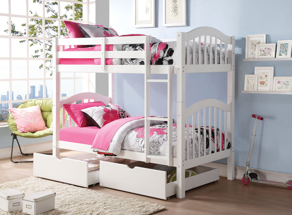White Twin Over Twin Bunk Bed with Built-in Ladder