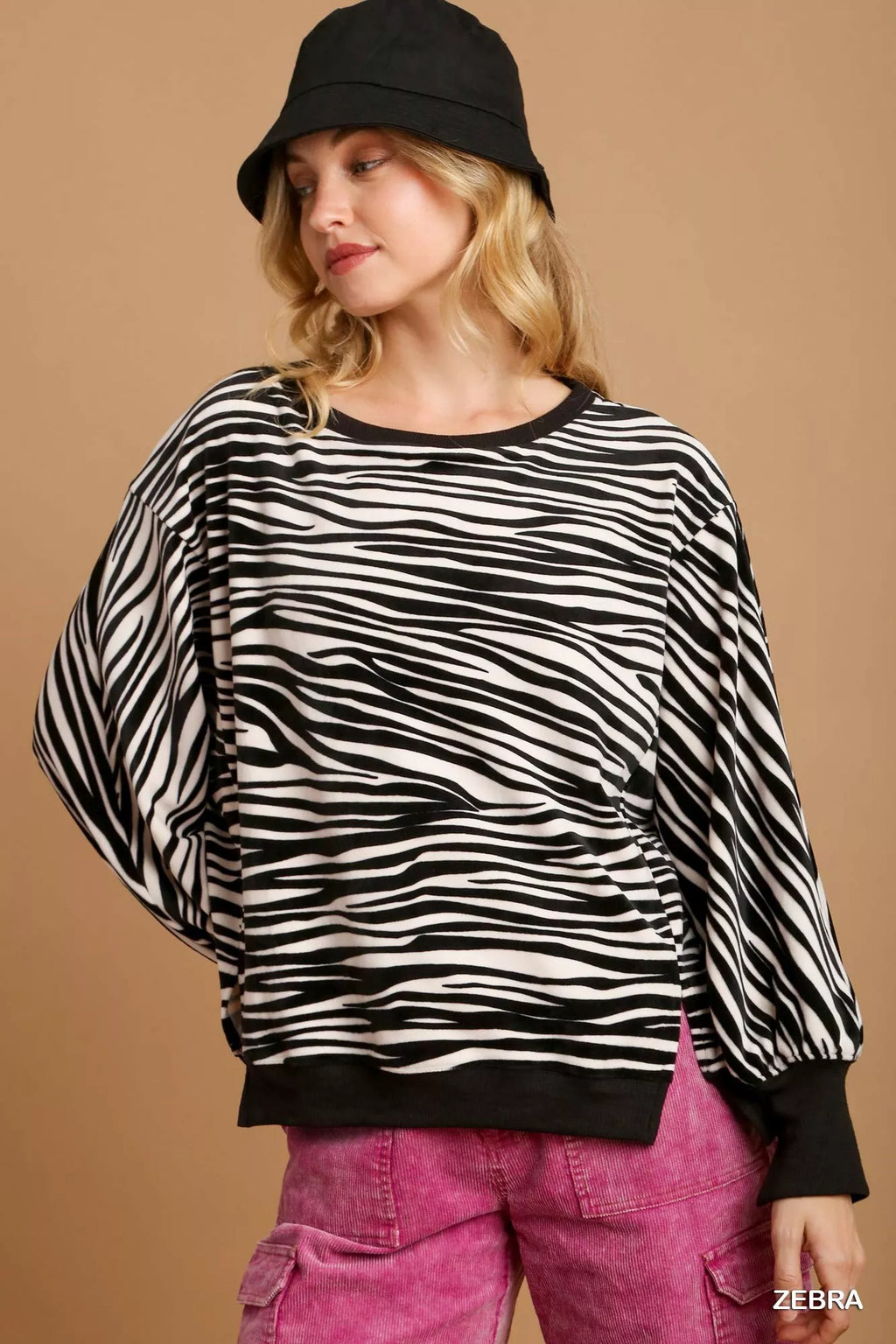 Umgee Zebra Striped Fleece Pullover Sweater Shirt