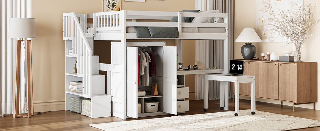 Full Size Loft Bed with Stairs, Bookshelf, Drawers, Desk & Wardrobe – Space-Saving Multifunctional Furniture for Kids & Teens-White