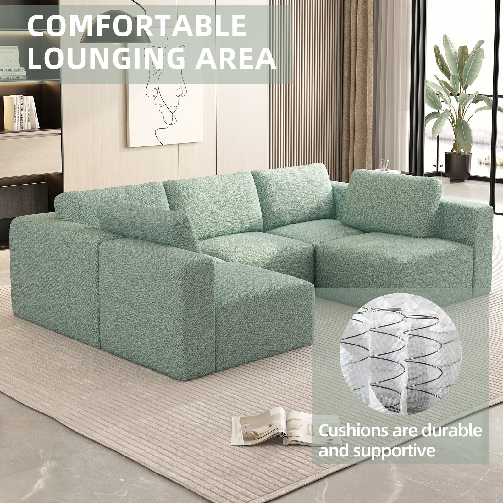 104.32*70.86 Modular Sectional Sofa Sleeper Couch, Sectional Sofa with Chaise and Ottoman, Convertible U Shaped Modular Sofa Set. Compressed spon, Light Green (Combo 3A+2B)
