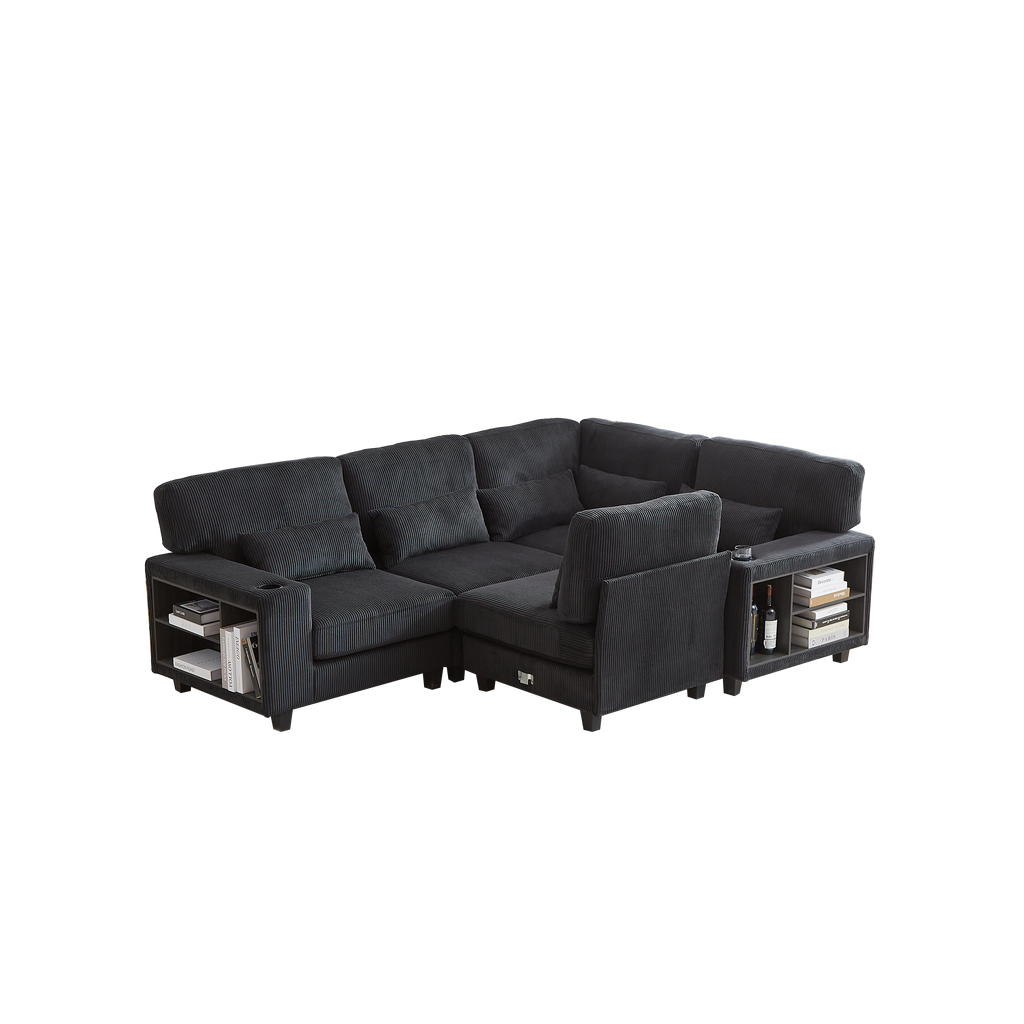 102.75*102.75' L-Shaped Modular Sectional Sofa, Modern Corduroy Sectional Sofa, Arm with Storage With Cup Holder 5-Seat Convertible Sectional Sofa for Living Room, Bedroom, Lounge and Projection Room