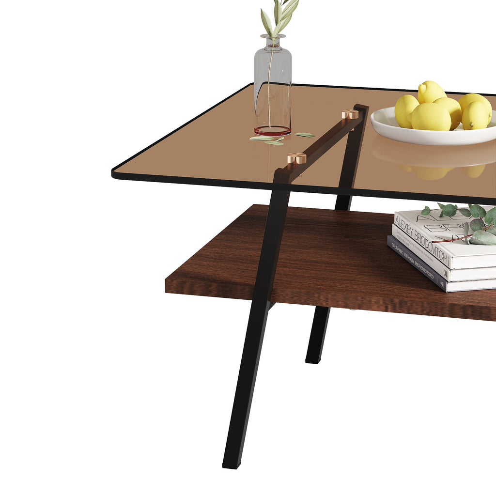 Rectangle Coffee Table, Tempered Glass Tabletop with Black Metal Legs, Modern Table for Living Room , Brown Glass