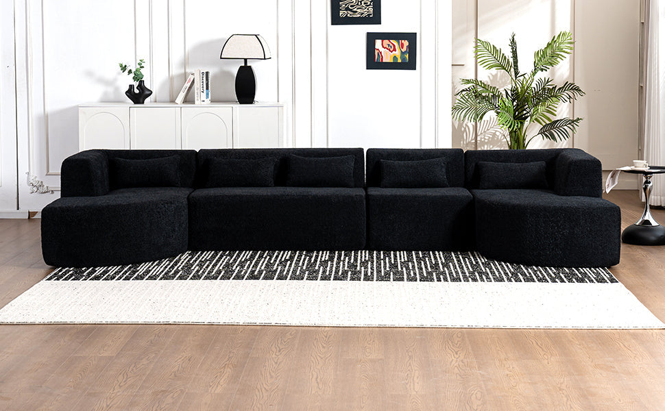 144' Upholstered Sofa Free-combined Sofa Couch with Two Chaise Lounge and Five Back Pillows for Living Room(Old SKU: N719S001600B), Black