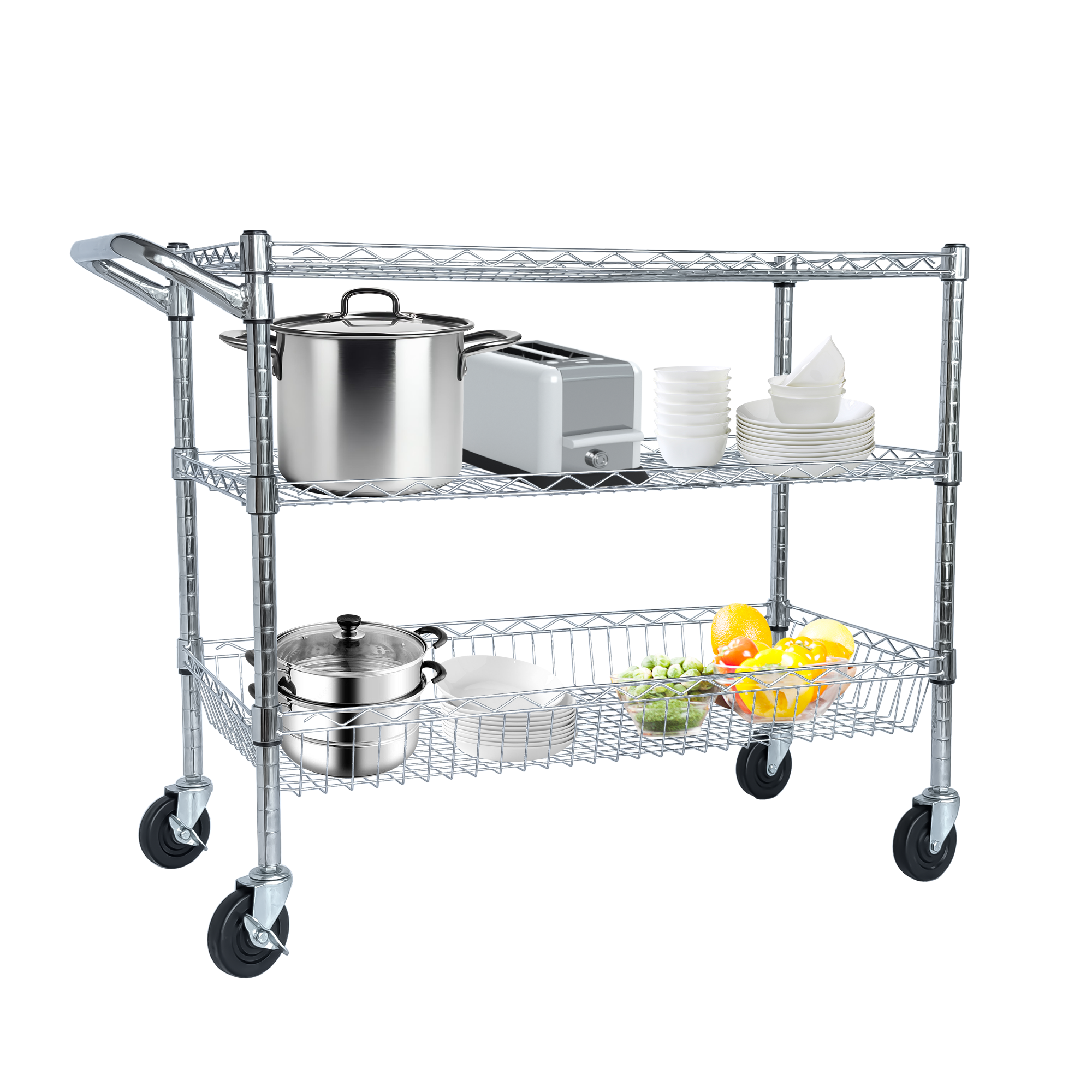 Heavy Duty Rolling Utility Cart,3 Tier Rolling Carts with Wheels,with Handle Bar & Shelf Liners,36'x18'x32'Storage Cart for Kitchen,Restaurant,Plant Display,Chrome