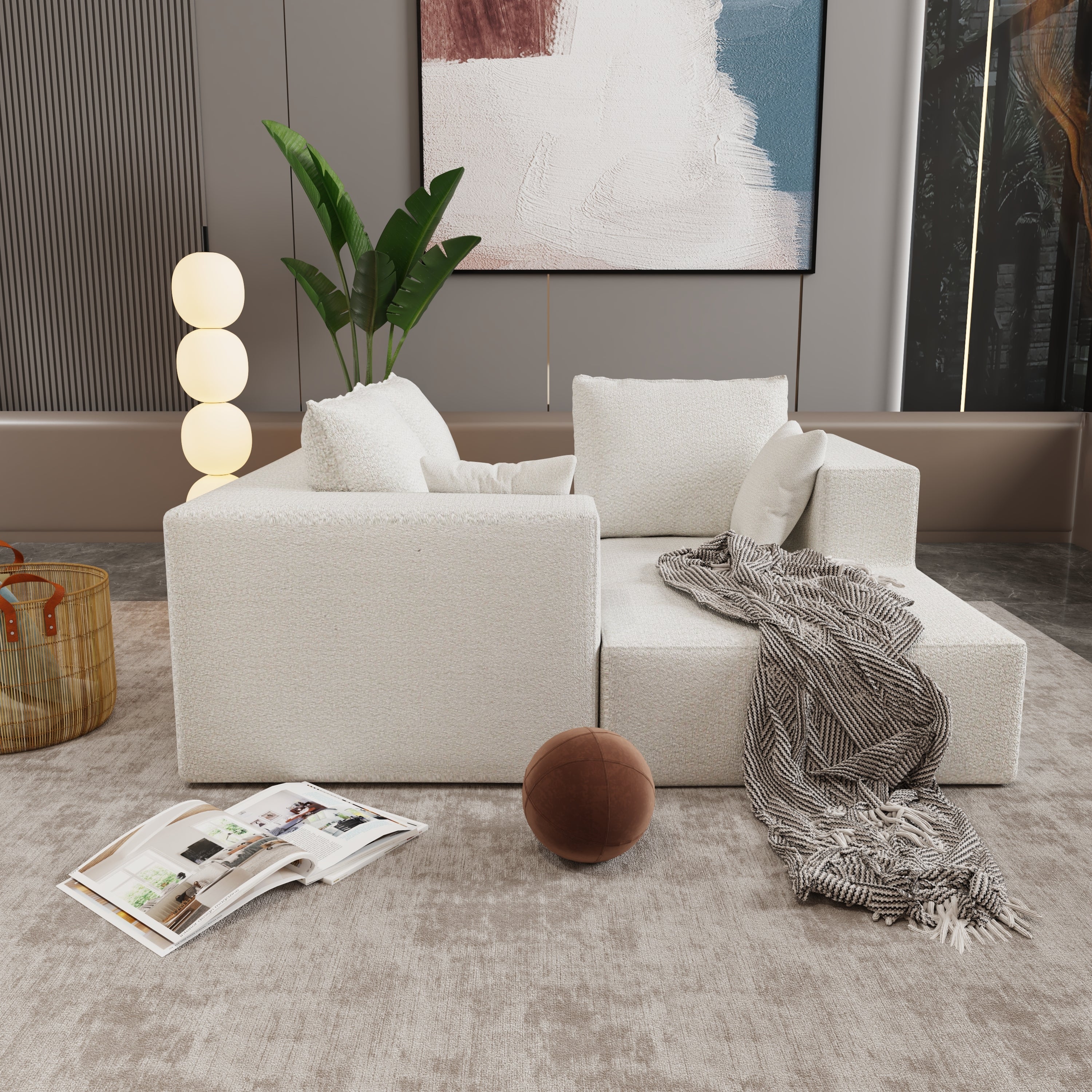 Combination sofa and sofa bed on the right corner, made of high-density sponge and soft linen fabric, with multiple combination methods (beige)